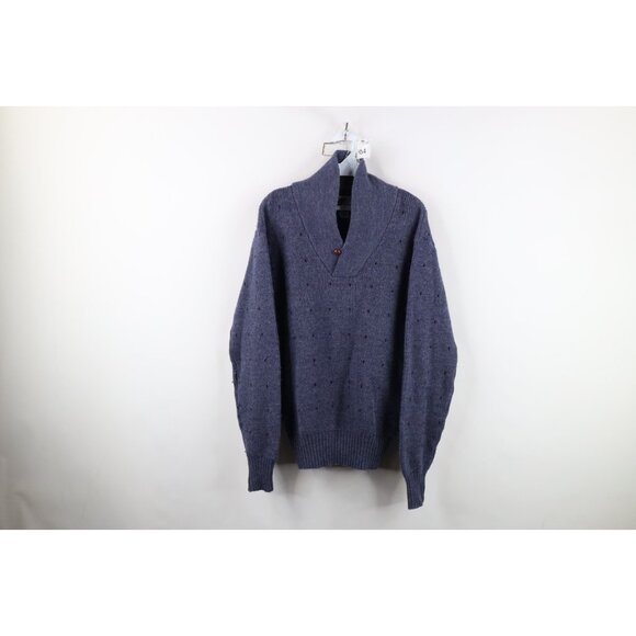 Vintage 90s Streetwear Mens Medium Geometric Wool Ribbed Knit Shawl Sweater Blue - Picture 1 of 9